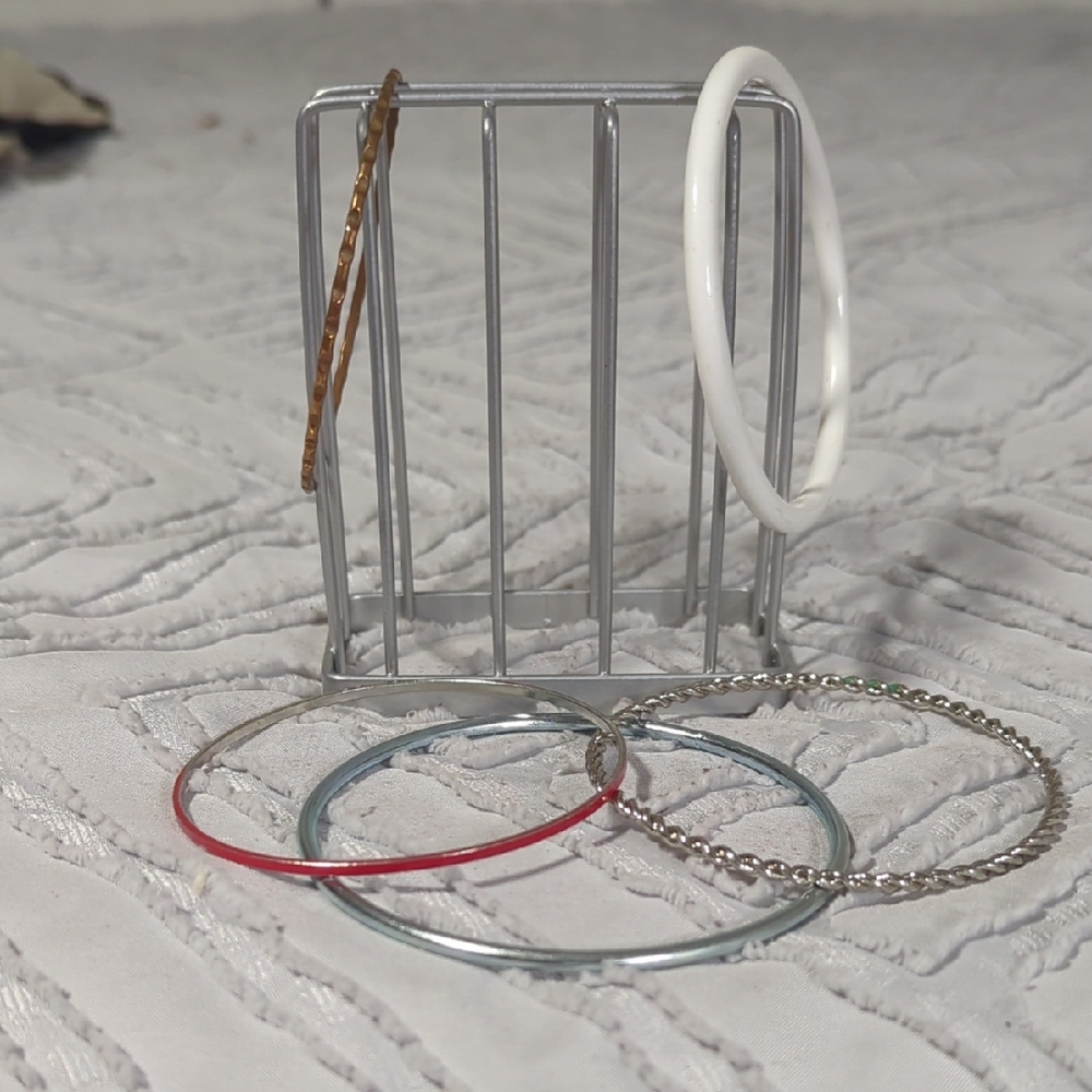 Mixed Metal and Enamel Bangle Set - White, Red, Silver, Gold